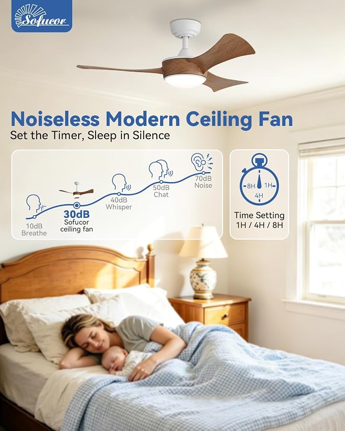 Sofucor 42 Inch Ceiling Fans with Lights-Modern Small Bedroom Ceiling Fan with Remote Control, Plug-in Blades Quick Install,Reversible Quiet DC Motor,Outdoor Ceiling Fan for Kitchen/Living Room/Patios