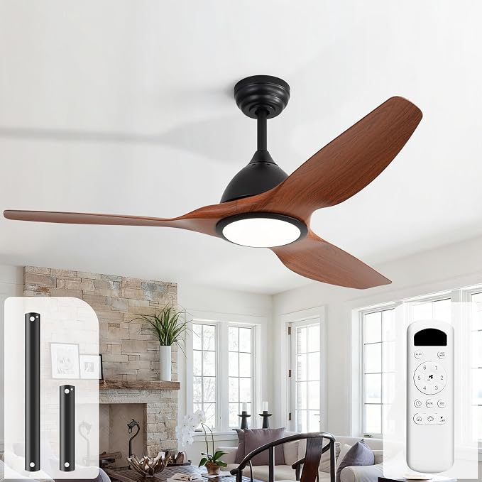 Sofucor 52 Inch Outdoor Ceiling Fans with Lights, Modern Ceiling Fan with 3 Plastic Blade, Quiet, Dimmable, High 7000CFM 6-Speed 3-Timer Reversible DC Motor, for Bedroom Living Room, ETL, Brown