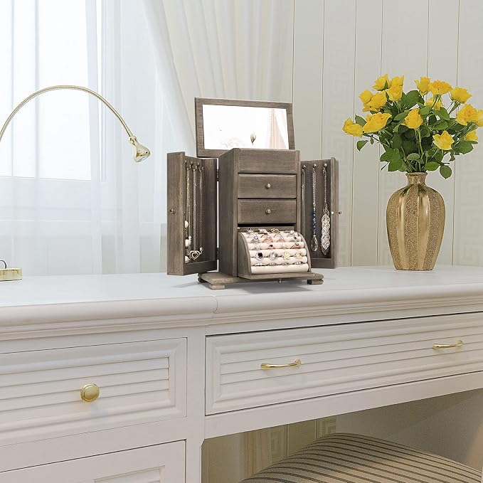 Emfogo Jewelry Box for Women, Rustic Wooden Jewelry Boxes & Organizers with Mirror, 4 Layer Jewelry Organizer Box Display for Rings Earrings Necklaces Bracelets (Weathered Gray)