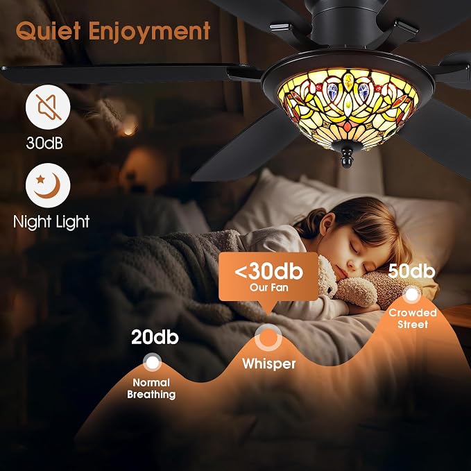 Tiffany Ceiling Fans with Lights - 52" Ceiling Fan Chandelier with Stained Glass Shade, 6 Speeds Reversible 6 Dual-Blades, Flush Mount, 3 CCT Dimmable LED Lights, Remote & APP Control, Vintage Style