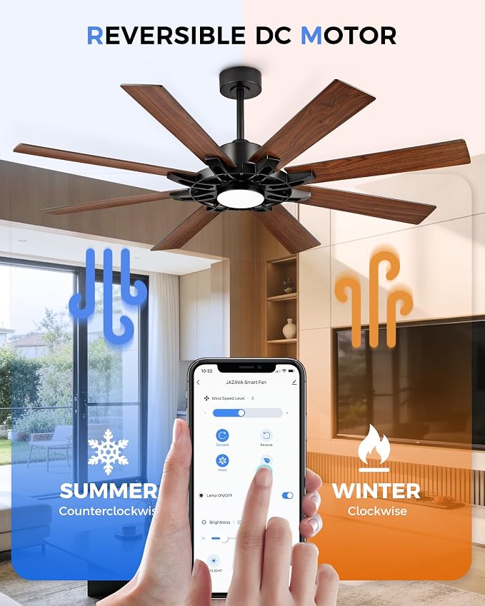 60 Inch Ceiling Fan with Light, Smart Indoor Outdoor Ceiling Fan with Alexa App Control, Large Black Modern Ceiling Fan, Dual Finish 8 Blades, Quiet Fan for Patio, Garage, ZCCF05BK-60