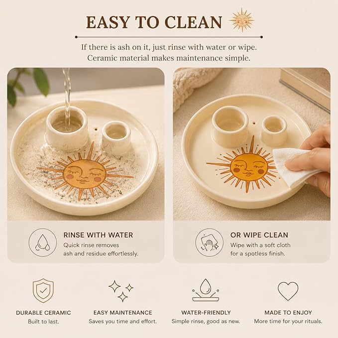 Incense & Palo Santo Holder – 6.5'' Ceramic Sage Burner for Sticks, Bundles, Cones, Candle & Tealight with Ash Catcher – Jewelry Tray, Smudge Pot, Home Décor, Meditation Gift (Golden Sun)
