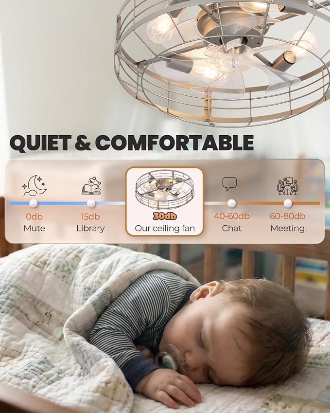 Caged Ceiling Fan with Lights, 23 Inch Farmhouse Remote Control Flush Mount Fan Lights Ceiling Fixtures, E26 Base 6 Speeds Bladeless Ceiling Fans with Lights for Indoor Kitchen Bedroom, Silver