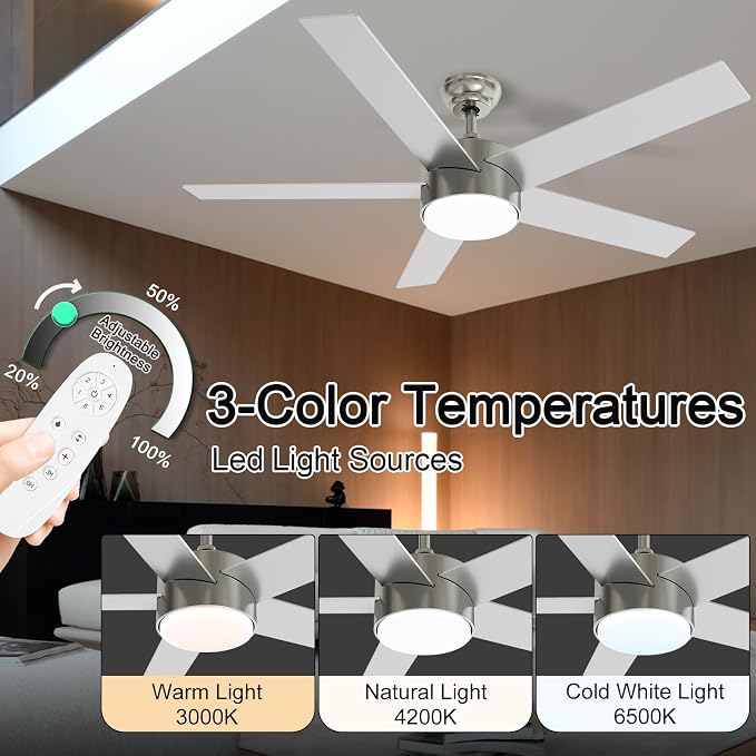 POCHFAN 52 Inch Brushed Nickel Ceiling Fans with Lights,Ceiling Fan with Remote Control,Reversible DC Motor,3 CCT 6-Speed,Noiseless Ceiling Fan for Bedroom,Living Room,Dining Room,ETL Listed