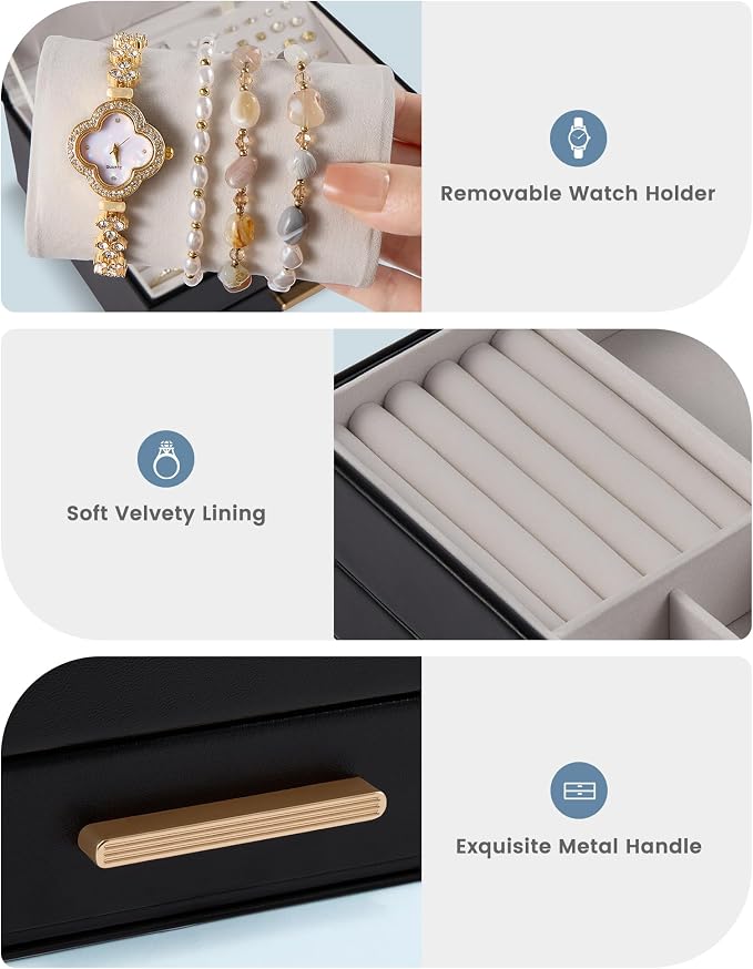 Lolalet 2-Layer Jewelry Box Organizer Holder for Women Girls Mom -Black | Jewelry Storage Case with Drawers for Necklaces Ring Earrings Bracelet Watch, Gifts Choice for Mom Mother’s Day