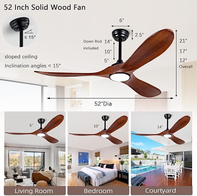 52-inch silent ceiling fan light with remote control, 3CCT, walnut finish. | 3CCT, mobile app, full memory function, for use in living rooms, dining rooms, bedrooms, offices, balconies, and outdoors.