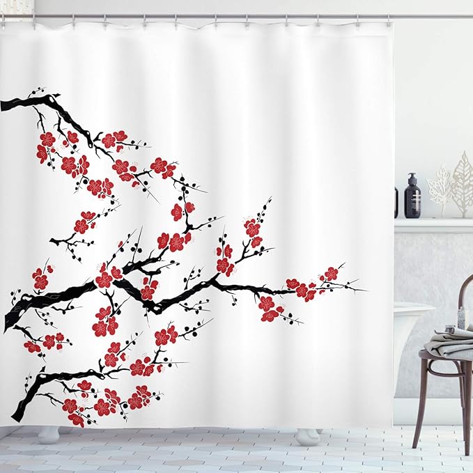 Ambesonne Japanese Shower Curtain, Simplistic Cherry Blossom Tree Botanic Themed Pattern Fresh Organic Lines, Cloth Fabric Bathroom Decor Set with Hooks, 69" W x 84" L, Cinnamon Red