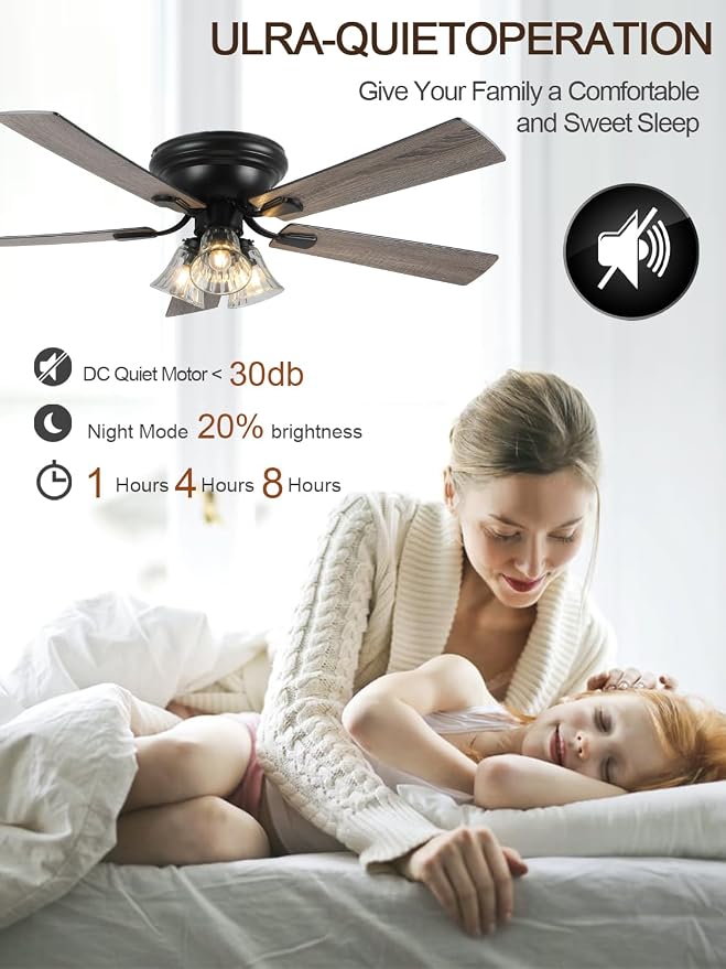 52" Flush Mount Farmhouse Ceiling Fan with Lights and Remote, Rustic Vintage Ceiling Fan Antique Fandelier 3-Lights 5 Reversible Blades Chandelier for Bedroom Living Room Dining Room