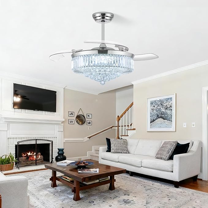 52 Inch Fandelier Ceiling Fan with Light, Chandelier Ceiling Fan for Bedroom Living Room, 3 Color Temperature, 6 Wind Speed. Reversible Motor, Memory Function-Chrome