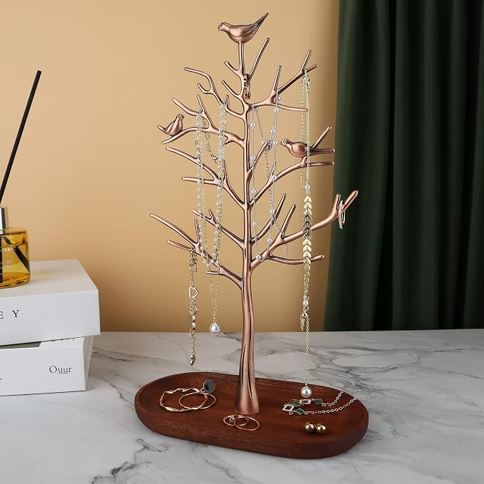 MORE&LESS Branch Jewelry Rack with wood tray,Retro color,Tree Tower Rack Hanging Organizer for Ring Earrings Necklace Bracelet,Suitable for living rooms, bathrooms,offices,etc.