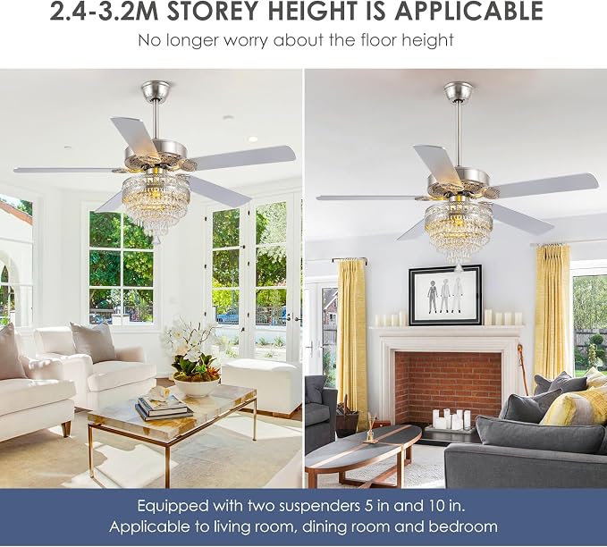 52" Silver Crystal Chandelier Ceiling Fans with Lights and Remote Control | Classical Design,6 Reversible Speeds,30W Quiet DC Motor,5 Wooden Blades,2*E12 LED Bulbs Included,for Living Room Bedroom