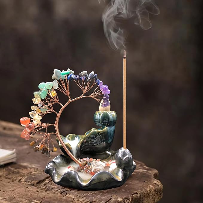Backflow Incense Burner, Ceramic Incense Waterfall Burner with 7 Chakras Healing Crystals Tree Fountain Incense Holders for Yoga Meditation Home Decor