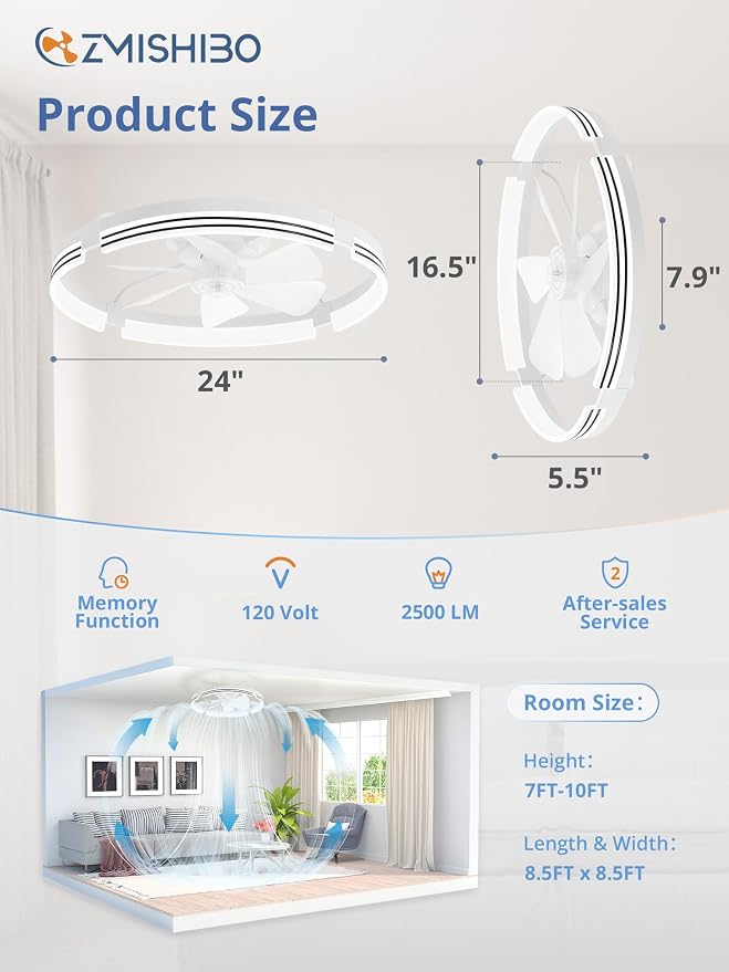 ZMISHIBO 24 Inch Low Profile Ceiling Fans with Lights and Remote, 3000K-6000K Dimmable Fandelier LED Fan Light, Flush Mount Ceiling Fan with Light, 6 Wind Speeds Ceiling Fans for Bedroom- White