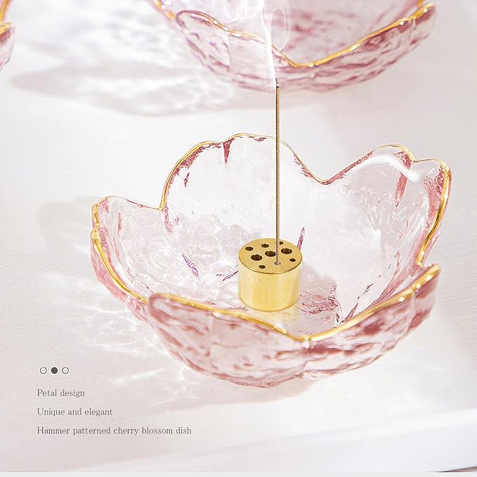 Incense Holder for Sticks and Backflow Incense, Handmade Glass Cherry Blossom Incenses Stick Holder with 9 Incenses Holes Incenses Burner Ash Catcher Ideal for Incense Burning, Home & SPA Decor