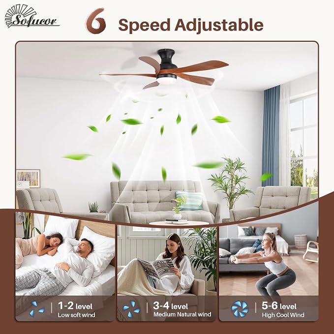 Sofucor 42 Inch Low Profile Ceiling Fan with Light, Flush Mount Outdoor Ceiling Fan with Remote for Farmhouse Bedroom Living Room Patio, Dimmable LED High Airflow Quiet Reversible DC Motor