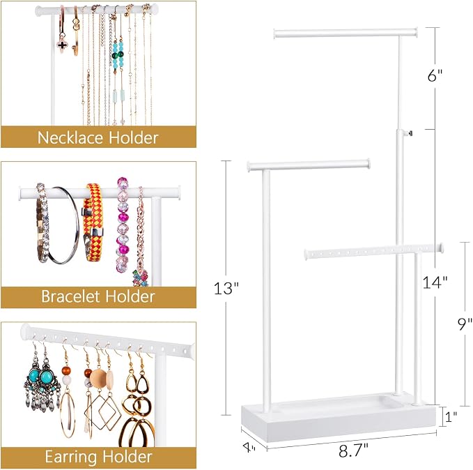 SRIWATANA White Jewelry Organizer Stand, Extra Tall 3-Tier Necklace Holder | Elegant Jewelry Tree with WoodenTray; Ideal to Organize Long Necklaces, Rings, Earrings