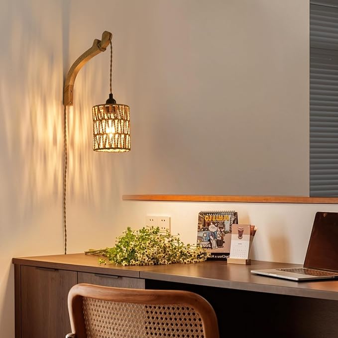 Plug in Wall Sconce,Farmhouse Wicker Wall Lamp Plug in,Hand Woven Rattan Wall Light Farmhouse Rustic Boho Sconces Wall Lighting for Living Room Bedroom