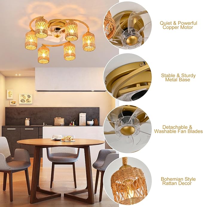 Qcyuui Rattan Boho Ceiling Fan with Light,26.4'' Ceiling Fans with Lights and Remote Low Profile Ceiling Fan with Light with Reversible 6 Speeds for Kitchen Living Room Bedroom,E26 Base (Gold)