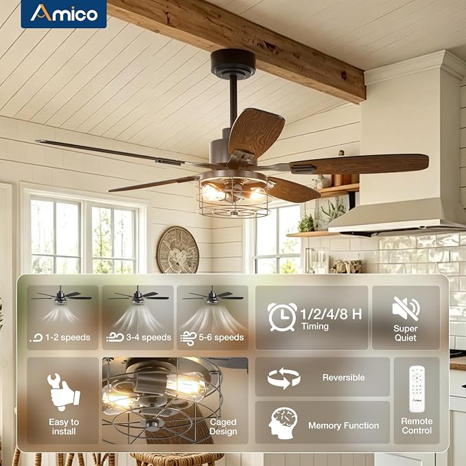 Amico 52 inch Ceiling Fans with Lights, Caged Ceiling Fan with Light and Remote Control, Dimmable, 3CCT, Quiet, Black Farmhouse Ceiling fan For Living Room, Bedroom, Kitchen, Patio Indoor/Outdoor Use