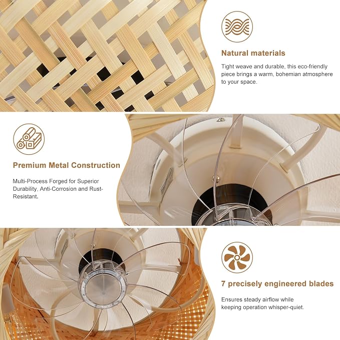 Depuley Boho Ceiling Fan with Light: 20 Inch Bamboo Woven Flush Mount Fandelier with Remote and Timer Control - Caged Ceiling Fan with 6 Speeds - Indoor Quiet Fan for Bedroom and Living Room