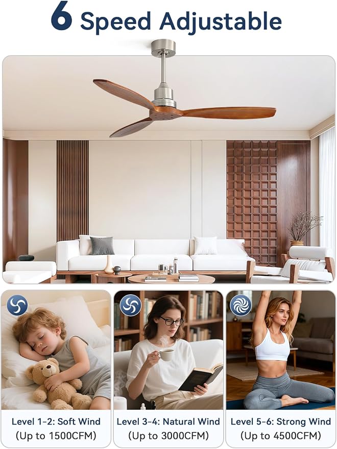 Sofucor 52 Inch Smart Ceiling Fans no Light, Works with App/Alexa/Google, Dimmable 6-Speed Outdoor Wood Ceiling Fan with Remote for Indoor Bedroom Living Room Outdoor Patio Porch