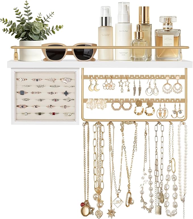 Mkono Hanging Jewelry Organizer Wall Mounted Jewelry Organizer Necklace Holder with Rustic Wood Shelf, Ring Display Box, Ear Studs Earring Holder Bracelet Organizer (Gold)