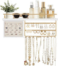 Mkono Hanging Jewelry Organizer Wall Mounted Jewelry Organizer Necklace Holder with Rustic Wood Shelf, Ring Display Box, Ear Studs Earring Holder Bracelet Organizer (Gold)