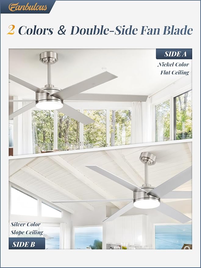 Fanbulous 60 Inch Ceiling Fans with Lights and Remote, Reversible 6 Blades, Dimmable, 3000K-6000K Adjustable, Outdoor Ceiling Fans for Patios, Large Ceiling Fan for Indoor or Covered Outdoor, Nickel