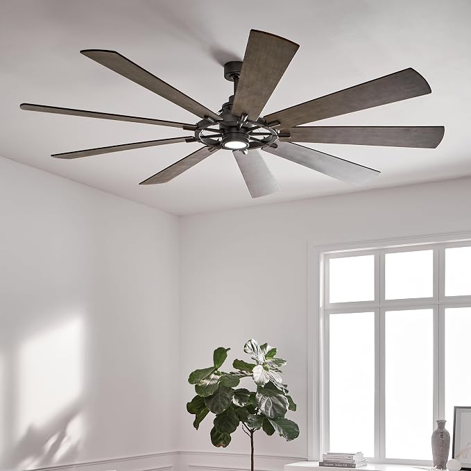 Kichler Gentry XL 85" Ceiling Fan with Lights, 1-Light LED, 3000K, 9-Blade Modern Rustic Fan for Bedroom in Anvil Iron, (85" W x 16.5" H), 300285AVI