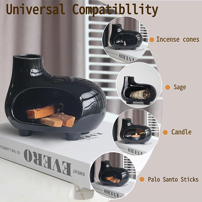 Ceramic Palo Santo Holder Burner with Chimney & Elevated Feet, Mess-Free Design, Ideal for Meditation & Yoga, Holds Palo Santo Sticks, Sage & Cones – Palo Santo Holder Set with Brush & Tweezer (Black)