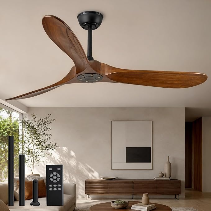 60 Inch Wood Ceiling Fan No Light, 60'' Indoor Outdoor Ceiling Fan without Lights with Remote,High CFM,6 Speeds,3-Blade Reversible ETL DC Motor Fan for Covered Patio Porch Bedroom Living Room, Walnut
