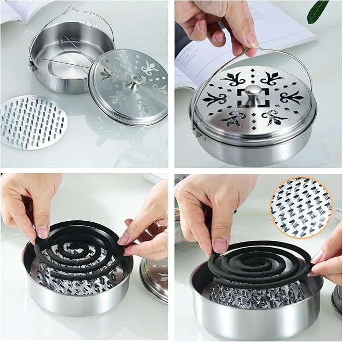 2 Portable Mosquito Coil Holder, Mosquito Incense Box Sandalwood Holder with Handle, Fireproof Incense Burner for Home Silver 2t