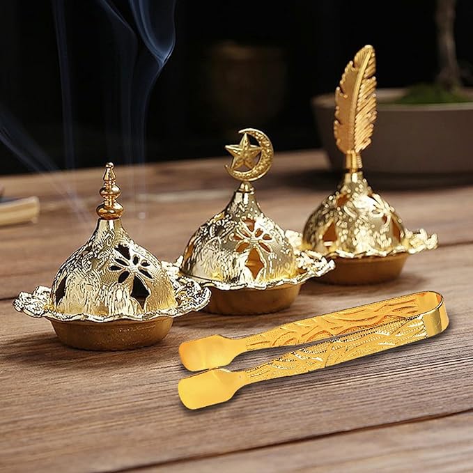 4 pcs Golden Incense Tongs, Vintage Charcoal Tongs with Floral Engraved Handle, Metal Incense Burner Clamp, Design Incense Clip (9.5CM)