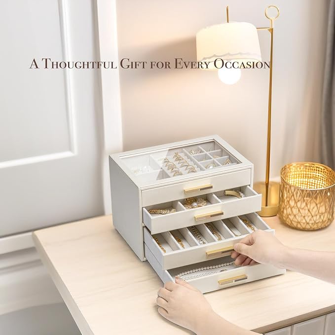 VLANDO 4-Drawer Jewelry Box with Glass Lid, Faux Leather Organizer for Rings Earrings Necklaces and More, Gift-Ready Jewelry Case for Women Girls or Moms, Beige