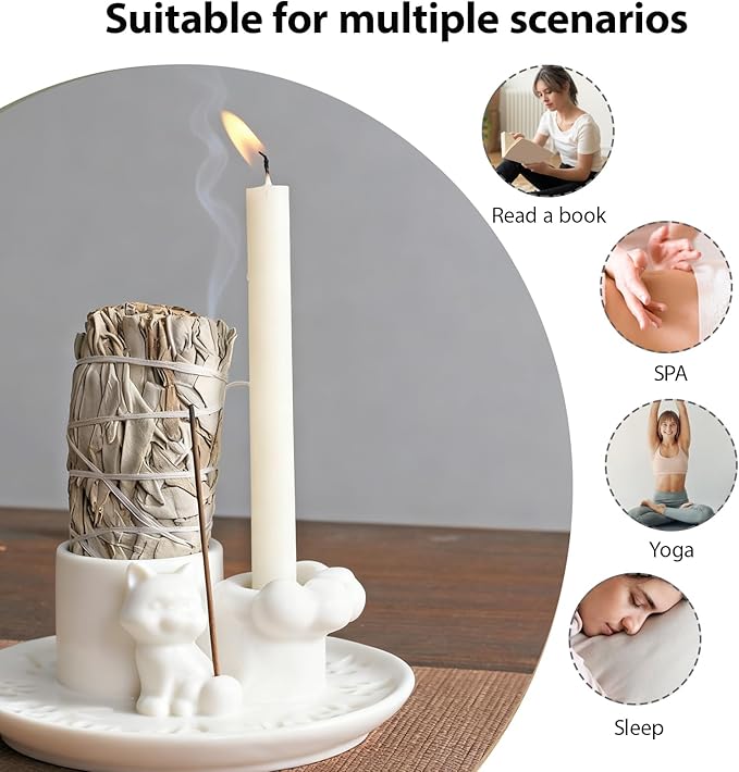 4-in-1 Incense Burner, Handmade Ceramic Palo Santo Holder, Sage Burner for Sage, Palo Santo, Incense Sticks, 5.1" Ceramic Ash Catcher Tray for Meditation, Yoga, Room Home Decor, White