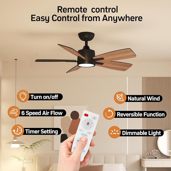 TALOYA 42 Inch Ceiling Fans with Lights Led Remote Control Low Profile Flush Mount for Bedroom Home Outdoor Patio Living Room,3 Color Temperatures,Dimmable,DC Motor,Reversible,5 Blades,Black