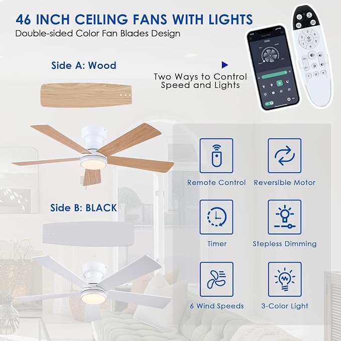 White RGB Ceiling Fans with Lights - 46" Flush Mount Ceiling Fan with Remote APP, RGB+3CCT Dimmable Led Light, Reversible 6 Wind Speeds&2H Timer, Low Profile Modern Fan Light Fixture for Bedroom Party