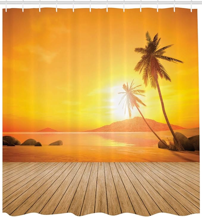 Ambesonne Ocean Shower Curtain, Sunset Over The Ocean with Palm Tree and Wooden Deck Horizon View Image Tropical, Cloth Fabric Bathroom Decor Set with Hooks, 69" W x 75" L, Orange Brown