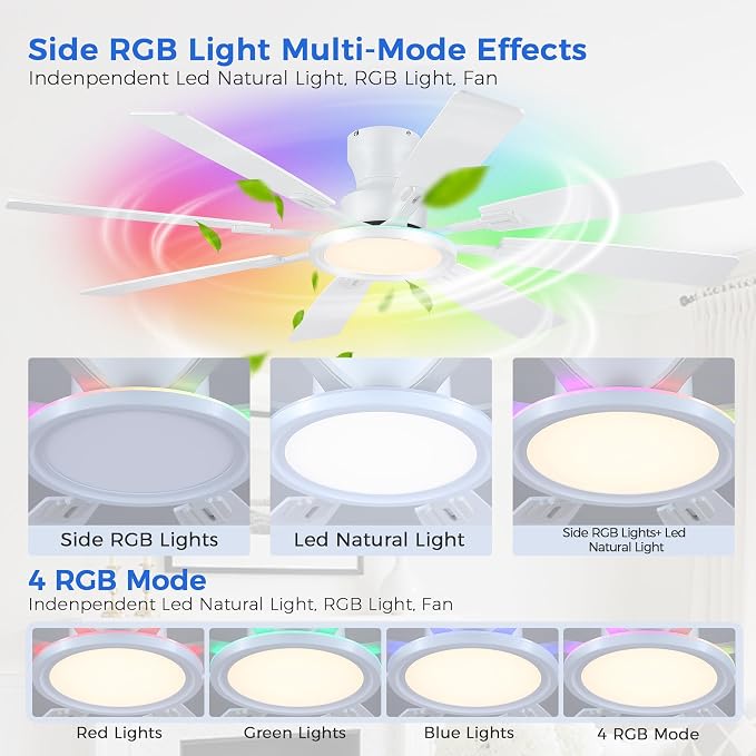 Ayaoty Ceiling Fans with Lights - 60in Flush Mount Ceiling Fan with RGB Dimmable, 3CCT 6 Wind Speeds and Reversible Quiet Motor, Low Profile RGB Fan Light for Modern Indoor, Party - White