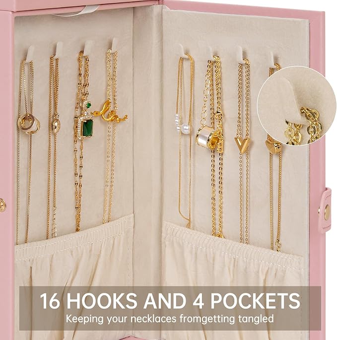 AKOZLIN 6-Tier Jewelry Box Organizer Functional 5 Drawers Leather Jewelry Storage Case for Women Girls Ring Necklace Earring Bracelet Holder Organizer with Mirror Medium Pink