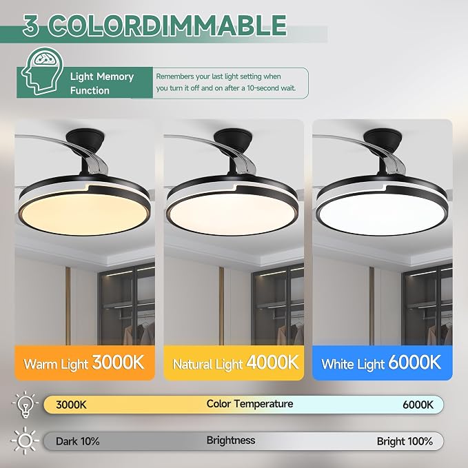 Retractable Ceiling Fans with Lights and Remote, 42'' Black and White Modern Fandelier Ceiling Fans Dimmable LED, Energy Efficient, Memory Function,Timer Setting Fan for Living Room Bedroom