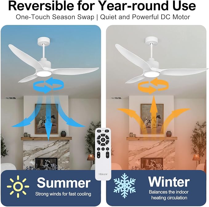 52 Inch Quiet White Ceiling Fan with Lights and Remote, Morden 3 Blades Large Airflow Ceiling Fan, Dimmable LED Light for Bedroom, Living Room