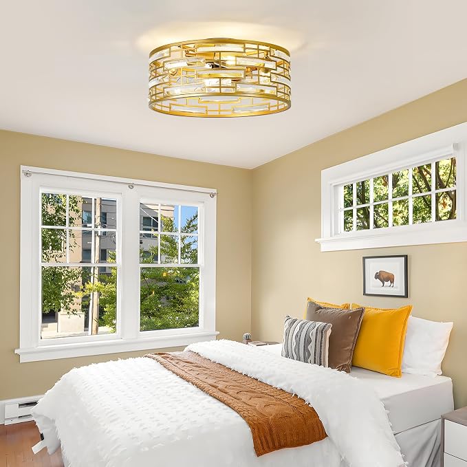Flush Mount Ceiling Fans Lights: 18.9'' Caged Low Profile Fandelier with Remote/6 Speeds/Timer Gold Crystal Modern Chandelier Fan Light Bedroom Ventilador de Techo for Kitchen Living Dining Room Foyer