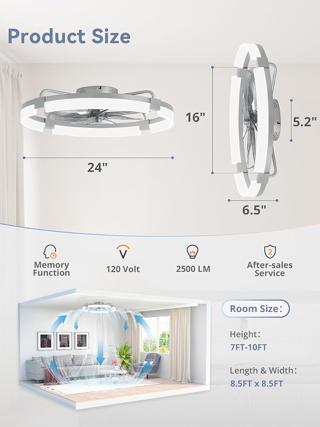 LEDIARY 24" Ceiling Fans with Lights and Remote, Modern Low Profile Ceiling Fan, 3 CCT, Stepless Dimmable, Fandelier Flush Mount Fan Light, 6 Speeds, DC Motor, App & Remote Control for Bedroom(Grey)