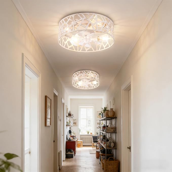 Flush Mount Fandelier Ceiling Fan with Lights and Remote, 18 inch Caged Ceiling Fan with Light Vintage White, Farmhouse Ceiling Fans for Bedroom, Kitchen, Living Room