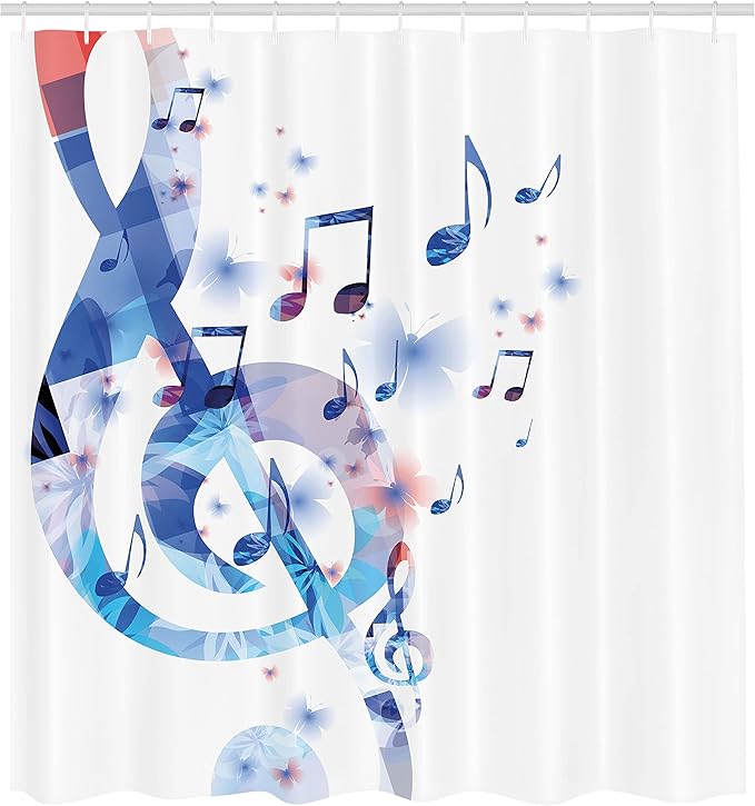 Ambesonne Music Shower Curtain, G-Clef Key Instrument Creative Rhythmic Ornate Motifs Digital Design Print, Cloth Fabric Bathroom Decor Set with Hooks, 69" W x 70" L, Ceil Blue