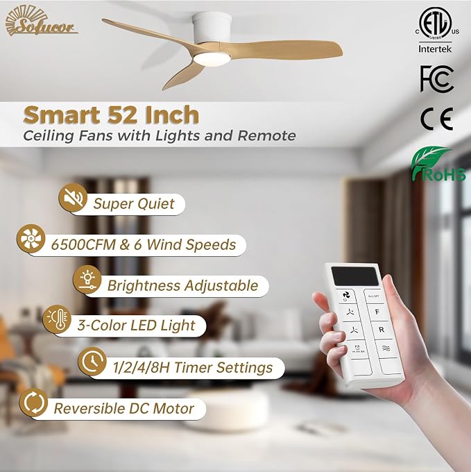 Sofucor 52 Inch Smart Ceiling Fan with Lights, Modern Low Profile Flush Mount Ceiling Fan with 6500CFM, Compatible with Alexa/Google/App, 3 Plastic Blade, Dimmable Timer Reversible DC Motor, ETL, ABS