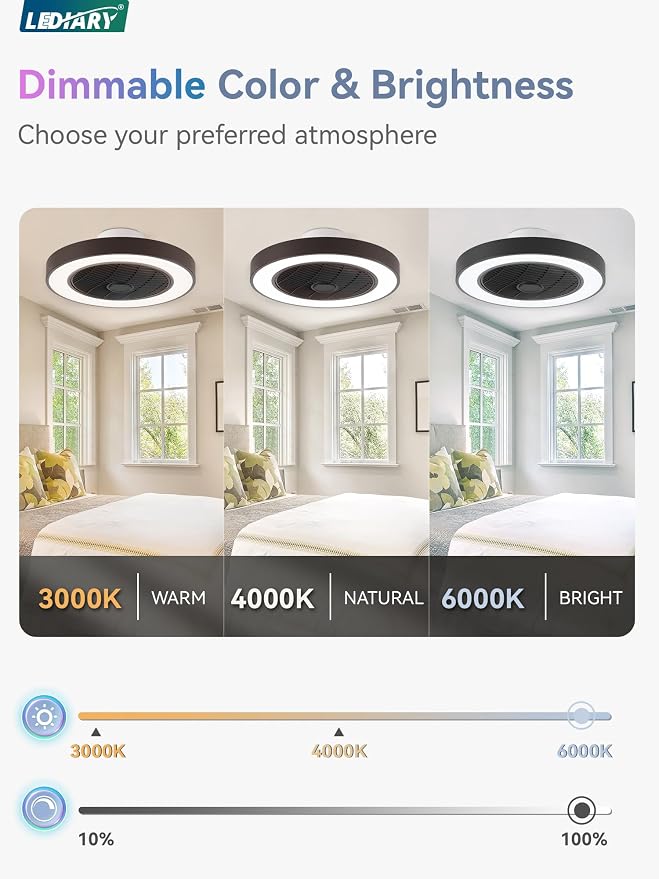 LEDIARY 20 Inch Low Profile Ceiling Fans With Lights, Led Bladeless Ceiling Fan, Remote Control Enclosed Flush Mount Ceiling Fan With Timming, 3000-6000K, 6 Wind Speed, 3000LM, 57W-Black RGB