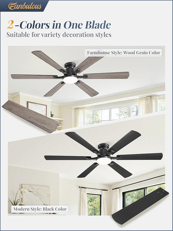 Fanbulous 60 Inch Ceiling Fan with Lights, APP & Remote Control, Flush Mount Low Profile Black Ceiling Fan, 3000-6000K Dimmable LED, Quiet Reversible Motor, 6 Blades, 6 Speeds, for Bedroom Living Room