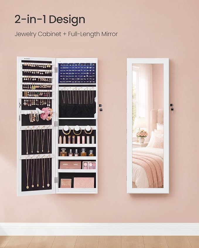 SONGMICS Jewelry Cabinet, Wall or Door Mounted Armoire with Full Length Mirror, Large Capacity Organizer, 6 LED Lights, 42.5 x 3.9 x 14.6 inch, White, BERIT Collection UJJC092W101